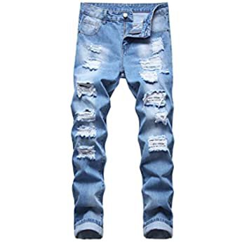 LONGBIDA Men's Slim Fit Jeans Stretch Destroyed Ripped Skinny Denim Pencil Pants(Blue,32) at Amazon Men’s Clothing store