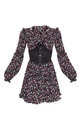 Black Floral Print Long Sleeve Corset Detail Dress | PrettyLittleThing