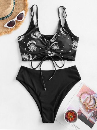[24% OFF] 2021 ZAFUL Astrology Sun Star Moon Cinched Tankini Swimwear In BLACK | ZAFUL