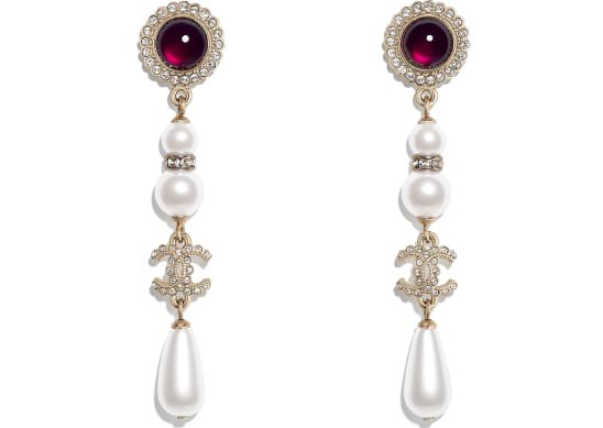 Earrings, metal, glass pearls & diamantés, gold, pearly white, red & crystal - CHANEL