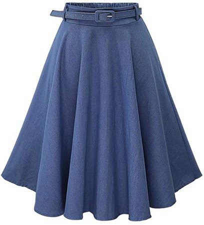 QZUnique Midi Belt Jean Skate Skirt Elegant Flared Elastic Waist Denim Skirt Light Blue
