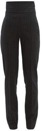 High Waist Pinstripe Wool Blend Trousers - Womens - Black Multi