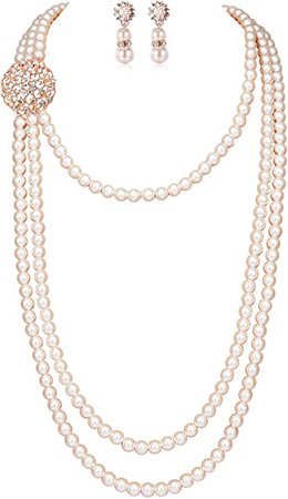 Amazon.com: BABEYOND 1920s Gatsby Pearl Necklace Vintage Bridal Pearl Necklace Earrings Jewelry Set Multilayer Imitation Pearl Necklace with Brooch (Style 1-Rose Gold): Jewelry