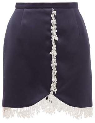 Pearl Drop Fringe Satin Mini Skirt - Womens - Navy