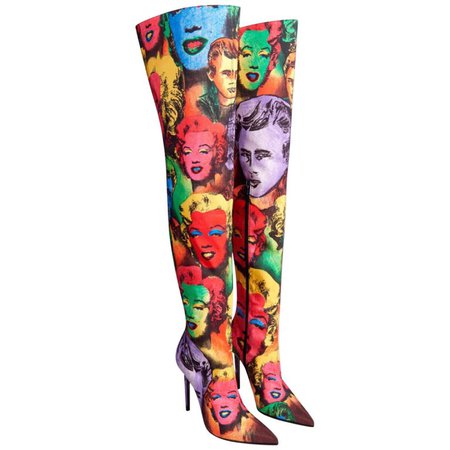 Versace Pop Art Tribute Andy Warhol Print Silk Over The Knee Boots Size 36 6 For Sale at 1stdibs