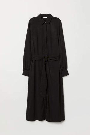 Calf-length Shirt Dress - Black