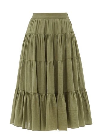 green tiered maxi skirt
