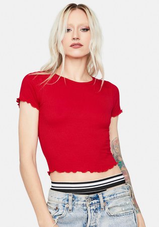 Ribbed Crop Tee With Lettuce Hems - Red | Dolls Kill