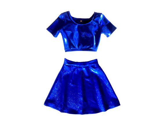 Blue Holographic Matching Set Short Sleeve Crop and Circle Skirt