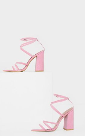 Pink Faux Suede Strappy Point Toe Block Heel Sandals | PrettyLittleThing USA