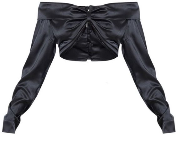 long black satin cropped shirt with bow