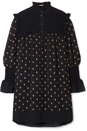 Ruffled Embroidered Crepon Mini Dress - Black