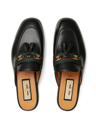 Shop Gucci Web-stripe leather slippers with Express Delivery - FARFETCH