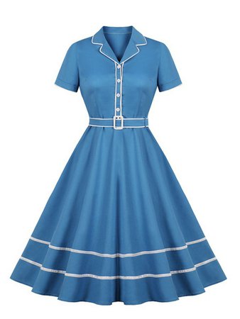 Blue 1950s Turn Down Collar Belt Dress