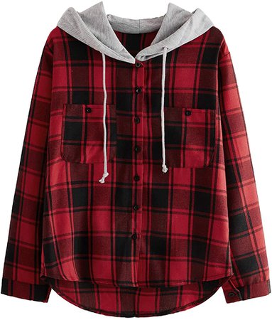 SweatyRocks Women's Casual Plaid Hoodie Shirt Long Sleeve Button-up Blouse Tops (Small, Red) at Amazon Women’s Clothing store