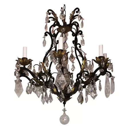 Wonderful French Baguès Rock Crystal Gilt Iron Eight-Light Chandelier Fixture For Sale at 1stDibs