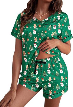 Ekouaer Women's Satin Short Sleeve V-Neck Pajama Set at Amazon Women’s Clothing store