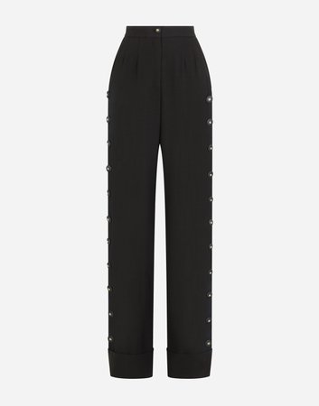 Women's Trousers and Shorts in Black | Piqué palazzo pants with buttons and turn-ups | Dolce&Gabbana
