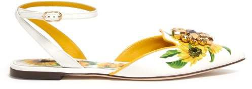 Crystal Embellished Sunflower Print Leather Flats - Womens - Yellow White
