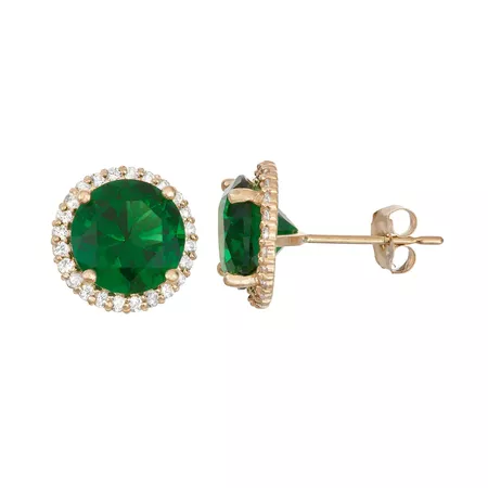 10k Gold Simulated Emerald & Lab-Created White Sapphire Halo Stud Earrings