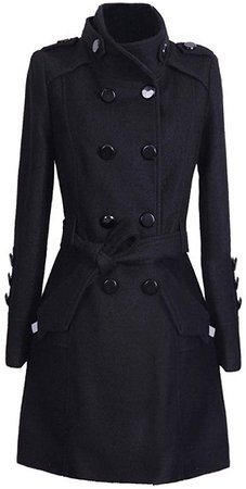 Jenkoon Women's Winter Double Breasted Stand Collar Button Pea Coat Trench Coat with Belt