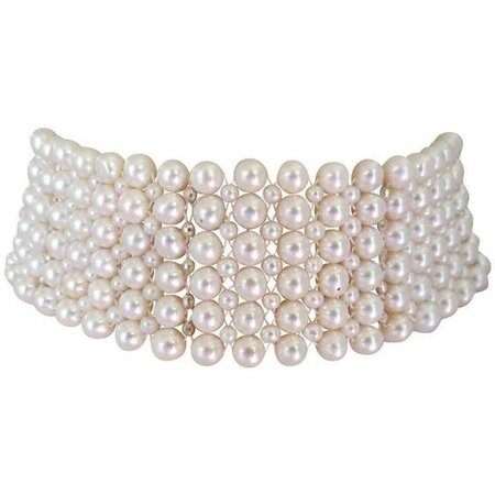 Woven Pearl Tall Choker W. Rhodium Plated Silver Faceted