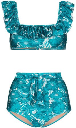 ruffle trim floral print bikini set