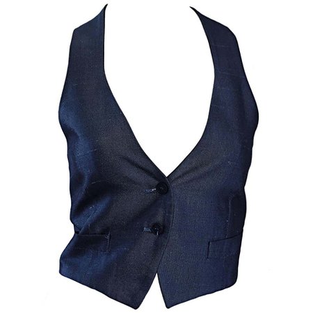 Romeo Gigli Vintage 1990s Blue Grey Silk 90s Fitted Cropped Waistcoat Vest For Sale at 1stDibs