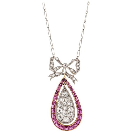 Belle Époque Platinum and 18K Gold Diamond and Ruby Pendant Necklace For Sale at 1stDibs