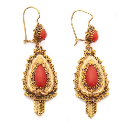 14K Yellow Gold Red Coral Dangle Earrings For Sale at 1stDibs