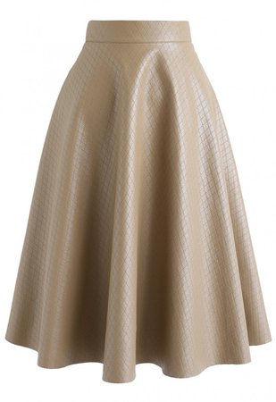 Faux Leather Diamond Quilted Midi Skirt in Taupe - NEW ARRIVALS - Retro, Indie and Unique Fashion