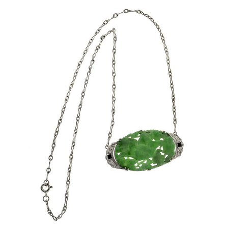 GIA Certified Jadeite Jade Onyx Diamond Platinum Art Deco Pendant Necklace For Sale at 1stdibs