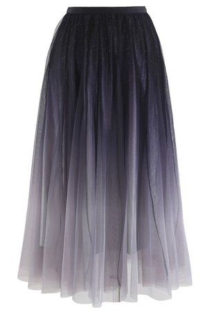 Gradient Glittery Velvet Mesh Midi Skirt in Black - Retro, Indie and Unique Fashion