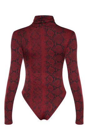 Burgundy Snake Roll Neck Long Sleeve Bodysuit | PrettyLittleThing USA