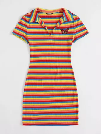Ribbed Rainbow Striped Butterfly Graphic Dress