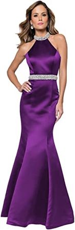 Women's Halter Mermaid Beaded Satin Evening Prom Dress Long Backless Formal Gown at Amazon Women’s Clothing store
