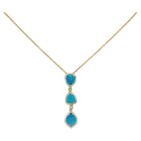 Opal, Diamond and Emerald Pendant Necklace, Genuine Black Opal, 14K Yellow Gold For Sale at 1stDibs