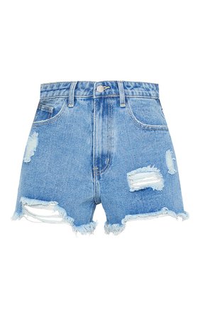 PLT Mid Blue Wash Distressed Denim Shorts | PrettyLittleThing USA