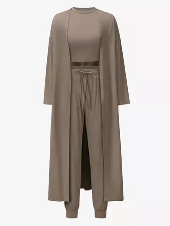 Women's Casual Home Comfy 3PC Set Solid Color Round Neck Crop Tank Top Drawstring Jogger Pants Collarless Longline Duster Coat In COFFEE | ZAFUL 2024