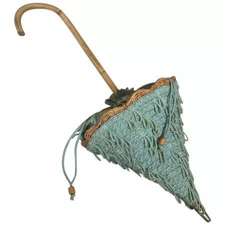 RARE Vintage Wicker Parasol Umbrella Purse Shabby Chic Blue Hooked - Ruby Lane