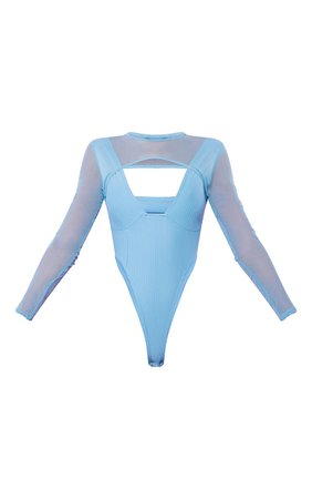 Bright Blue Mesh Overlay Rib Bodysuit | Tops | PrettyLittleThing USA