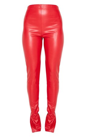 Red Faux Leather Split Hem Trousers | PrettyLittleThing
