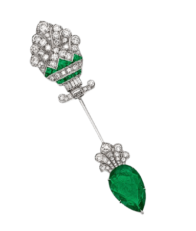 Art deco emerald and diamon jabot brooch