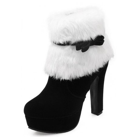 Zmori Black White Suede Ankle Fur Bow Platforms High Heels Boots