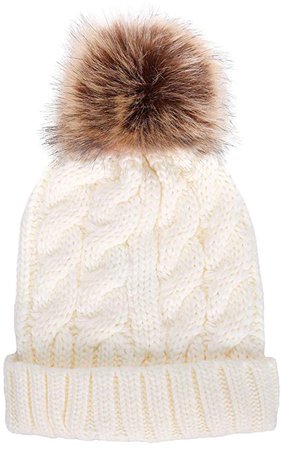 Women's Winter Soft Knitted Beanie Hat with Faux Fur Pom Pom, Cream at Amazon Women’s Clothing store:
