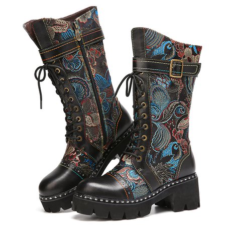 Designer Socofy SOCOFY Retro Buckle Strap Decor Flowers Cloth Leather Splicing Comfy Wearable Fashion Mid-calf Boots