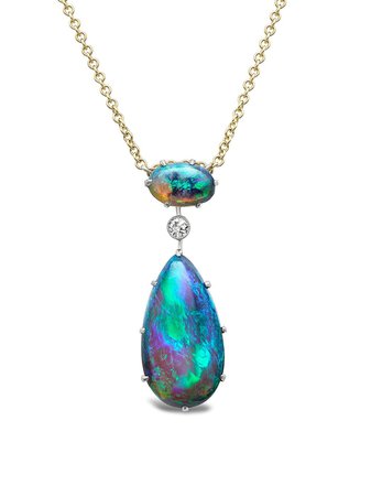 Pragnell Vintage 18kt yellow gold and platinum Edwardian black opal and diamond pendant necklace - FARFETCH