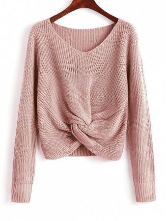 [33% OFF] 2019 V Neck Twist Chunky Sweater In PINK | ZAFUL