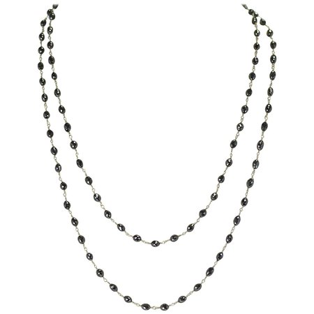 Genuine Black Diamond Drum-Shape Beads Wire-Wrapped Necklace, 18 Karat White For Sale at 1stDibs
