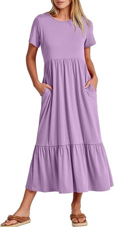 Prinbara Women's Casual Short Sleeve Dress Maxi Dress Crewneck Basic Swing T Shirt Dress Casual Flowy Tiered Beach Dress 7PA27-jiuhong-L Burgundy at Amazon Women’s Clothing store
